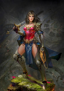 меч, фэнтези арт, воин, Wonder Woman, HD обои HD wallpaper
