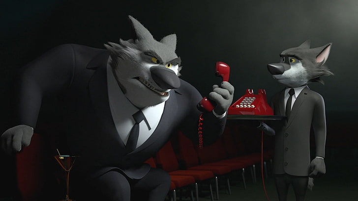 Rock Dog, wolf, animals, Anthro, 3D, cartoon, movies, clothing, suits, tie, telephone, drinking glass, chair, gangsters, gangster, screen shot, screengrab, HD wallpaper