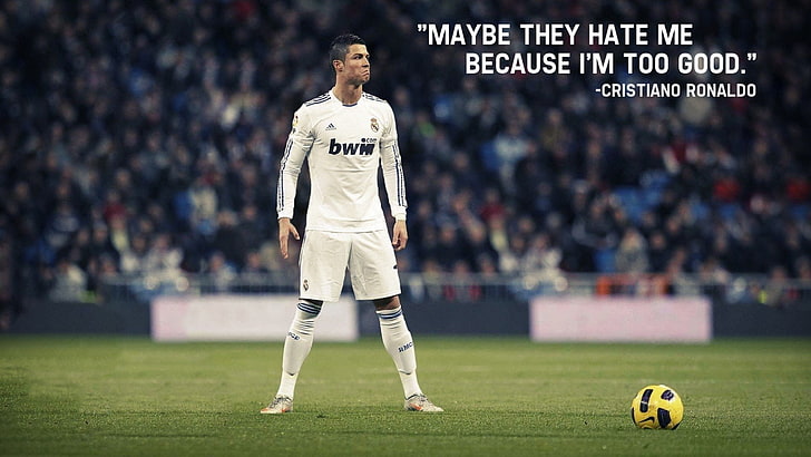 Cristiano Ronaldo avec superposition de texte de citation, Football, Cristiano Ronaldo, Real Madrid C.F., Fond d'écran HD