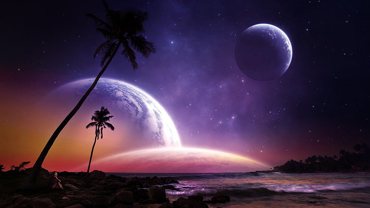 planètes, palmier, lune, ciel, étoiles, planète extraterrestre, art fantastique, paysage fantastique, monde fantastique, paradis, côte, nuit, rivage, obscurité, Fond d'écran HD