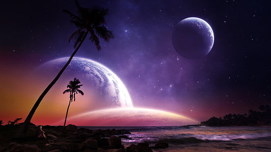 planetas, palma, luna, cielo, estrellas, planeta alienígena, arte de fantasía, paisaje de fantasía, mundo de fantasía, paraíso, costa, noche, orilla, oscuridad, Fondo de pantalla HD HD wallpaper