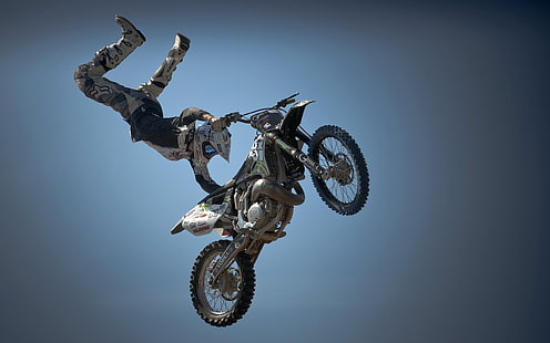 gray and black motocross dirt bike, motorcycle, rider, sport, stunt, jump, HD wallpaper HD wallpaper