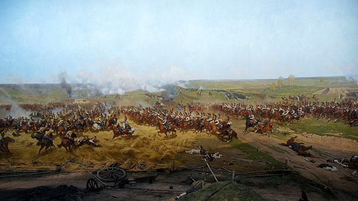 painting of men during war, art, artist, painting, Battle Of Borodino, The battle of Borodino, canvas oil, the battle scenes, panoramic, Patriotic war of 1812., fragment of the panorama, the largest battle, French Russian cuirassiers, Franz Alekseevich Roubaud., cavalry battle in the rye, HD wallpaper