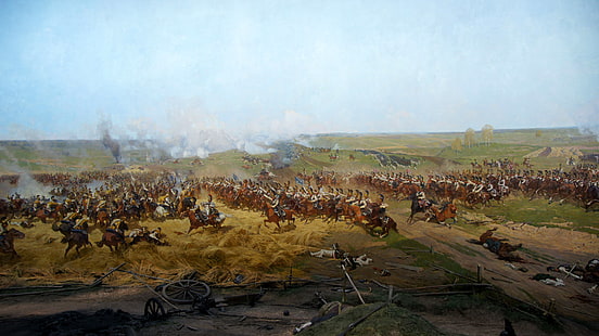 painting of men during war, art, artist, painting, Battle Of Borodino, The battle of Borodino, canvas oil, the battle scenes, panoramic, Patriotic war of 1812., fragment of the panorama, the largest battle, French Russian cuirassiers, Franz Alekseevich Roubaud., cavalry battle in the rye, HD wallpaper HD wallpaper