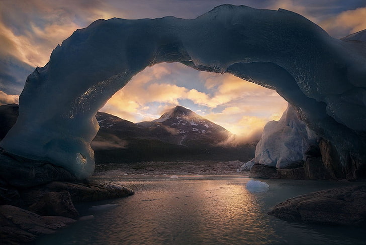 body of water with ice arch formation during golden hour, photography, landscape, nature, ice, arch, cold, mountains, sunset, sea, British Columbia, Canada, HD wallpaper