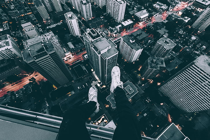 white high-top sneakers, skyscrapers, roof, legs, shoes, HD wallpaper