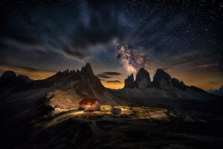 the sky, stars, clouds, light, landscape, mountains, night, lights, house, darkness, rocks, tops, view, height, beauty, Italy, houses, the milky way, The Dolomites, the, star, HD wallpaper