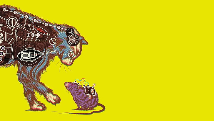 котка и плъх illustratioin, котка, зъбни колела, произведения на изкуството, цифрово изкуство, машина, жълт, прост фон, полутонов модел, HD тапет