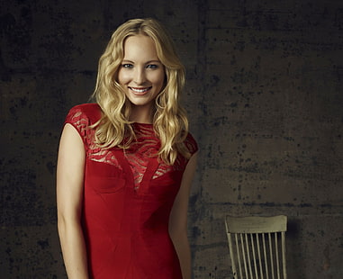 Candice Accola actress, women's red floral lace neckline cap sleeves dress, Candice Accola, actress, The Vampire Diaries, Caroline Forbes, HD wallpaper HD wallpaper