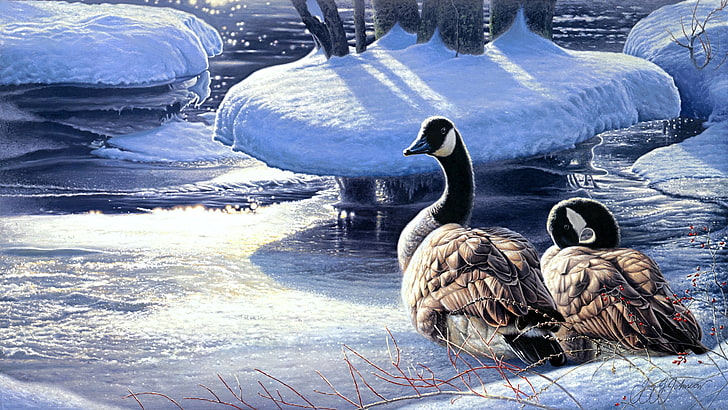 ilustração de dois patos, inverno, neve, rio, gelo, pintura, gansos, degelo no inverno, um par de gansos, Jay Johnson, HD papel de parede