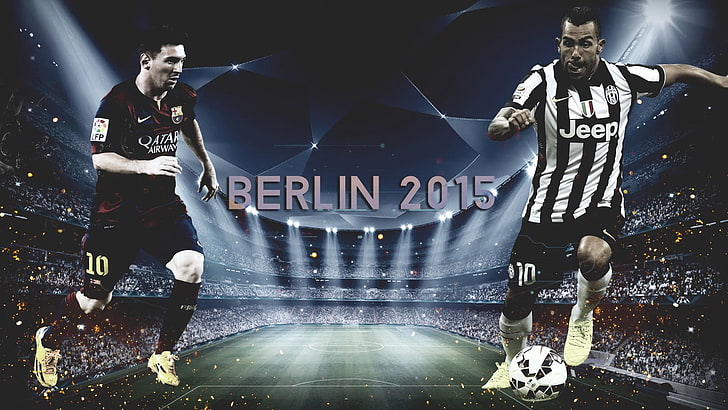 Berlin 2015 advertisement, footballers, Champions League, Carlos Tevez, Berlin, 2015, stadium, Juventus, HD wallpaper