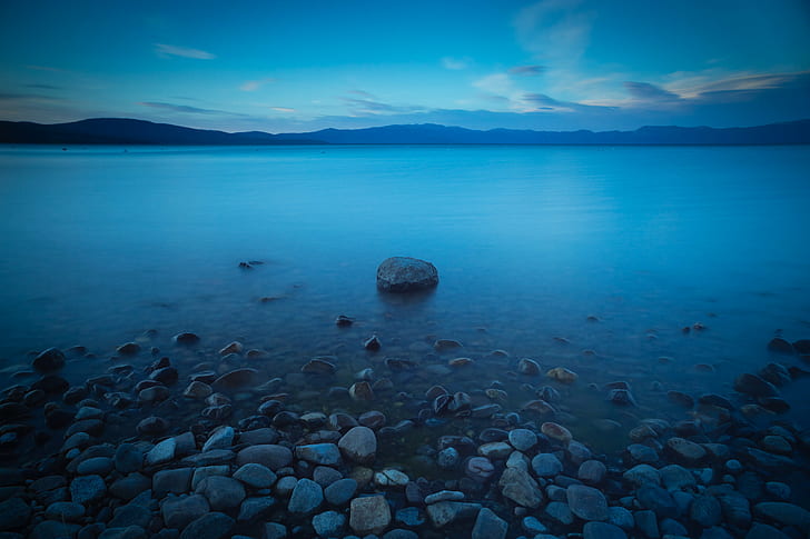 photo of rocks in sea shores, lake tahoe, lake tahoe, Lake Tahoe, sunset, photo, rocks, sea, shores, om, f2, lake  tahoe, stone, beach, long exposure, water, mountains, sky, clouds, nature, blue, landscape, scenics, lake, mountain, outdoors, reflection, rock - Object, summer, beauty In Nature, tranquil Scene, HD wallpaper