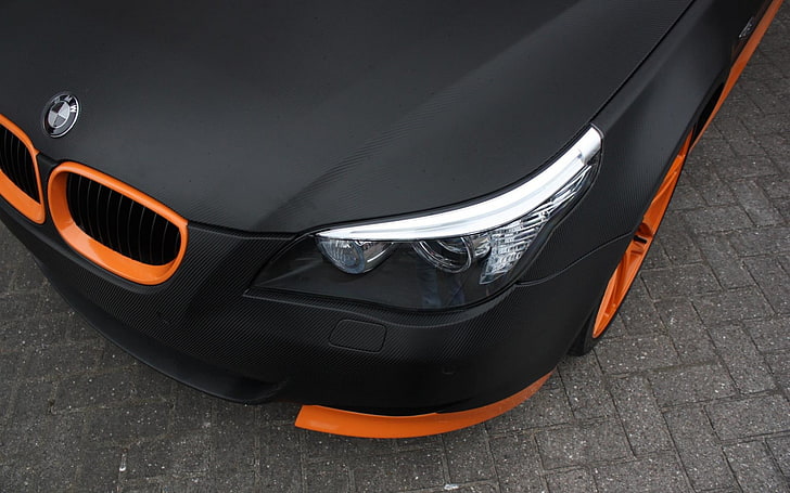 黒いBMW車、BMW、オレンジ、黒い車、車両、 HDデスクトップの壁紙