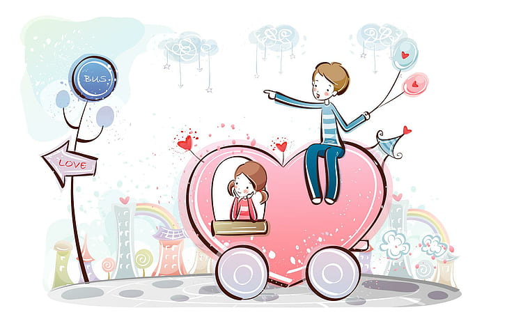 Love bus, boy and girl on pink carriage painting illustration, artistic, 1920x1200, heart, love, couple, HD wallpaper