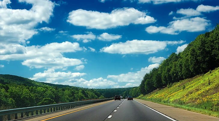autostrada pod chmurnym niebem, Westbound, autostrada, chmura, niebo, Pensylwania, Union County, Bald Eagle State Forest, Interstate 80, I-80, Appalachy, droga, drzewa, chmury, cumulusy, lato, creative commons, natura, asfalt, na dworze, góra, podróż, krajobraz, las, wieś Scena, transport, drzewo, Tapety HD