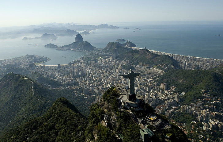 Christ the Redeemer, sea, Brazil, Rio de Janeiro, Cristo Redentor, Corcovado, Sugar Loaf, HD wallpaper