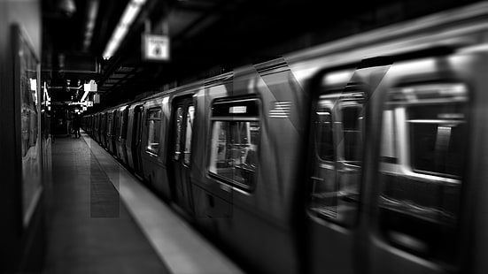 Graustufen-Bahnhof, New York City, U-Bahn, U-Bahn, Zug, Monochrom, Fahrzeug, HD-Hintergrundbild HD wallpaper