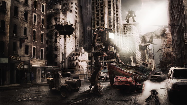 città, cyborg, robot, apocalittico, futuristico, Sfondo HD