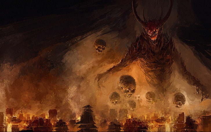Teufel Tapete, die Stadt, Angst, Feuer, die Dunkelheit, Schädel, Flügel, der Dämon, Chris Cold, Spikes, HD-Hintergrundbild