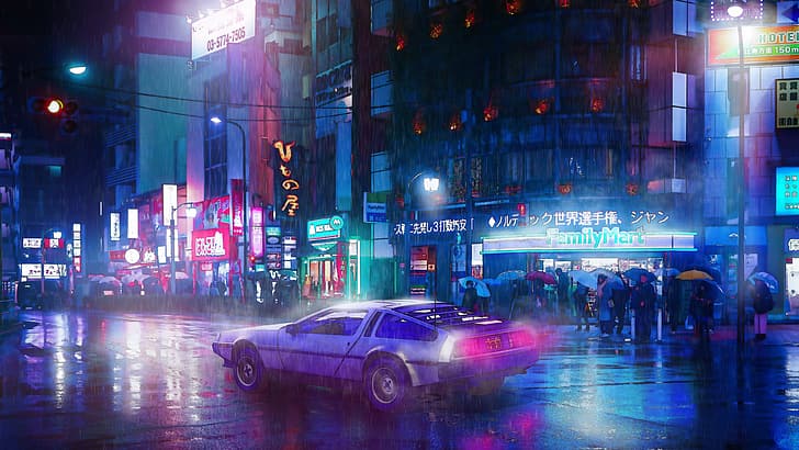 Cyberpunk 2077, araba, insanlar, neon, neon ışıklar, açık mavi, açık pembe, siyah, yağmur, turuncu, beyaz, sokak sanatı, HD masaüstü duvar kağıdı