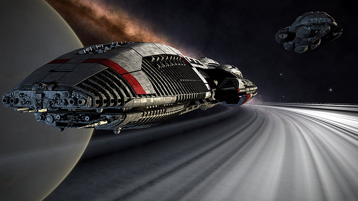 graues Raumschiff, Science Fiction, futuristisch, Battlestar Galactica, digitale Kunst, Grafik, 3D, render, Raum, HD-Hintergrundbild