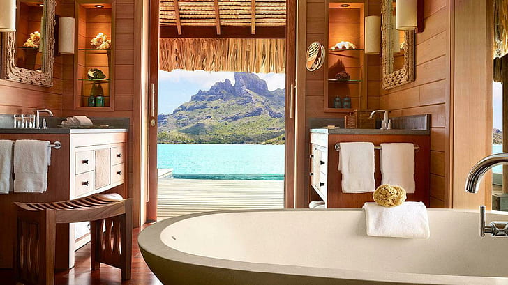 Four Seasons Resort Bora Bora South Pacific, polynesia, sand, ocean, bora, holiday, island, bathroom, atoll, room, tropical, bath, lago, HD wallpaper