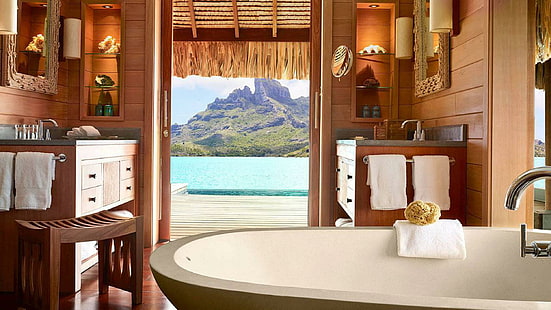 Four Seasons Resort Bora Bora Güney Pasifik, polinezyası, kum, okyanus, bora, tatil, ada, banyo, atoll, oda, tropikal, banyo, lago, HD masaüstü duvar kağıdı HD wallpaper