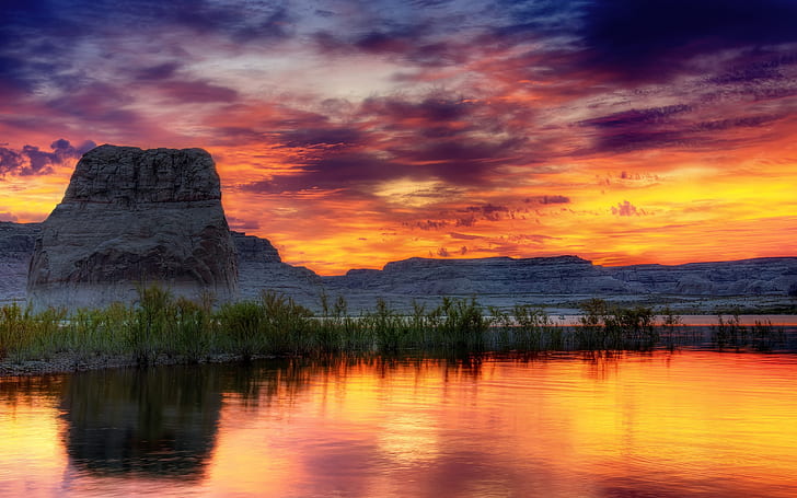couchers de soleil eau nuages ​​paysages horizon collines lacs mesas crépuscule skyscapes 2560x1600 Nature Lakes HD Art, eau, couchers de soleil, Fond d'écran HD
