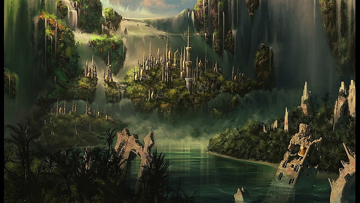 castle, fantasy art, waterfall, HD wallpaper