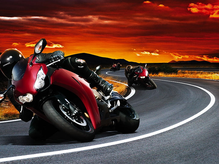 red and black sports bike, motorcycle, vehicle, sky, road, HD wallpaper