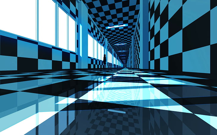 building, blue, checkered, tunnel, hallway, reflection, CGI, anime, school, HD wallpaper