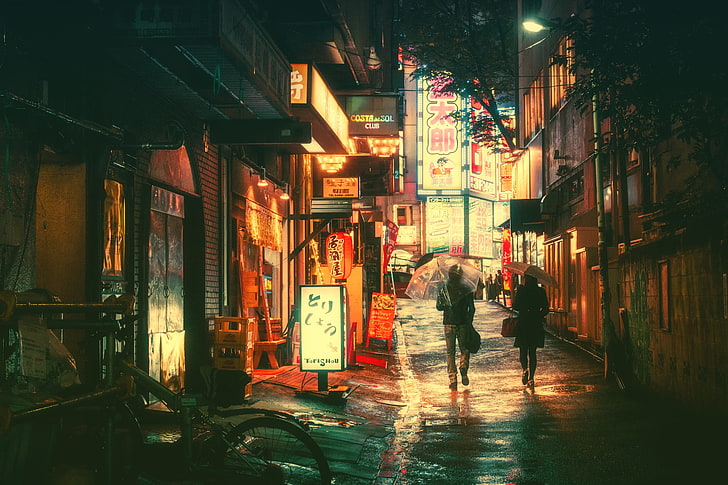 coppia che cammina per strada, pittura, Giappone, notte, neon, Masashi Wakui, Sfondo HD