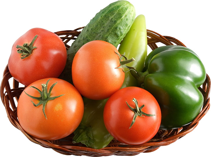 several vegetables, tomatoes, cucumbers, peppers, vegetables, HD wallpaper