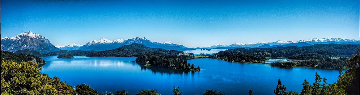 panoramic photography of body of water surrounded by trees and snowy mountains under clear blue sky during daytime, Punto, panoramic photography, body of water, trees, snowy mountains, daytime, panno, widescreen, patagonia, argentina, lago, lake, lagoon, nahuel huapi, mountain, nature, landscape, scenics, water, reflection, outdoors, sky, mountain Range, blue, mountain Peak, beauty In Nature, HD wallpaper HD wallpaper