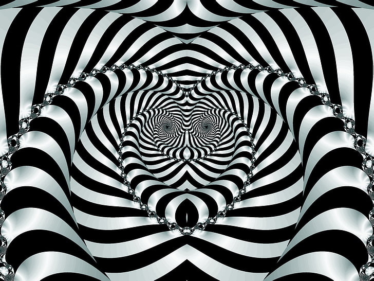 черно-белые полосатые иллюзии цифровые обои, абстракция, оптическая иллюзия, HD обои
