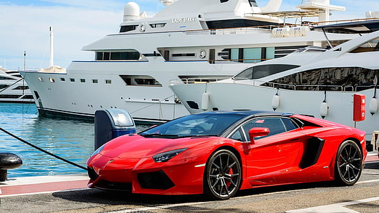 Lamborghini, prędkość, samochód, super, jacht, marina, woda, statek, dok, łódź, drogie, luksusowe, bogate, ekskluzywne, port, Tapety HD HD wallpaper