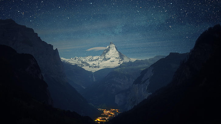 starry, swiss alps, stars, switzerland, alps, matterhorn, peak, europe, starry night, mount scenery, mountain, HD wallpaper