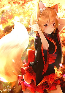 anime, anime girls, animal ears, blonde, tail, fox girl, HD wallpaper HD wallpaper