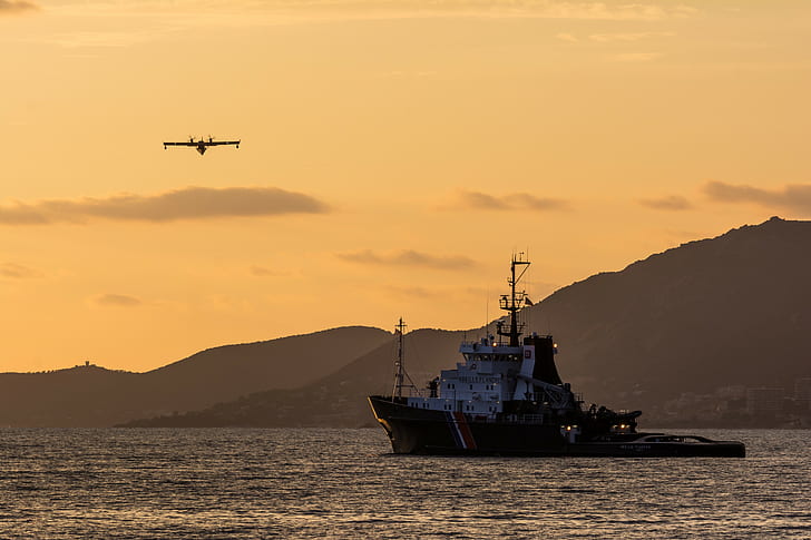 Canadair, Ajaccio, Meer, Schiff, Flugzeug, Hügel, HD-Hintergrundbild