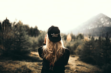 women's black cap, girl, cap, blonde, back, HD wallpaper HD wallpaper