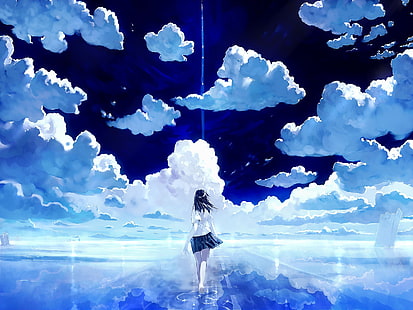 anime, niebo, woda, niebieski, lustro, światła, chmury, morze, jezioro, Ocean Spokojny, droga, odbicie, postapokalipsa, anime girls, wiatr, ruina, Tapety HD HD wallpaper