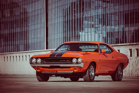 สีส้ม Dodge Challenger coupe, สีส้ม, Dodge, muscle car, r / t, 1970, Challenger, muscl Kar, วอลล์เปเปอร์ HD HD wallpaper