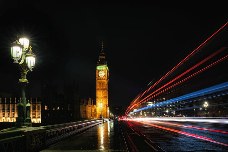 time lapse photo of Big Ben, This is London, Explored, time lapse, photo, Big Ben, Night, Westminster Bridge, Light, Trails, England, Travel, london - England, houses Of Parliament - London, city Of Westminster, famous Place, uK, traffic, architecture, illuminated, urban Scene, dusk, street, cityscape, tower, thames River, blurred Motion, capital Cities, city, bus, HD wallpaper