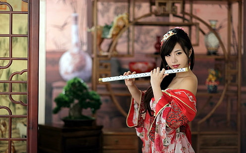 Niña, belleza, flauta, flauta, clásico, estilo chino, escritorio, kimono floral rojo y blanco para mujer, niña, belleza, flauta, clásico, estilo chino, escritorio, Fondo de pantalla HD HD wallpaper