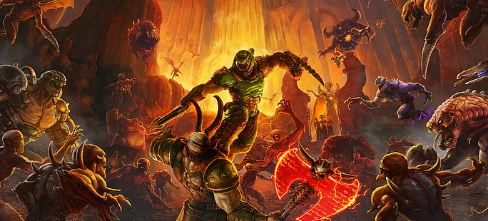 Doom (gioco), DOOM Eternal, inferno, demone, videogiochi, Bethesda Softworks, Id Software, artwork, Sfondo HD HD wallpaper
