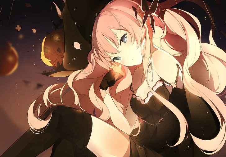 anime girl, halloween 2016, pink hair, black dress, pumpkins, Anime, HD wallpaper