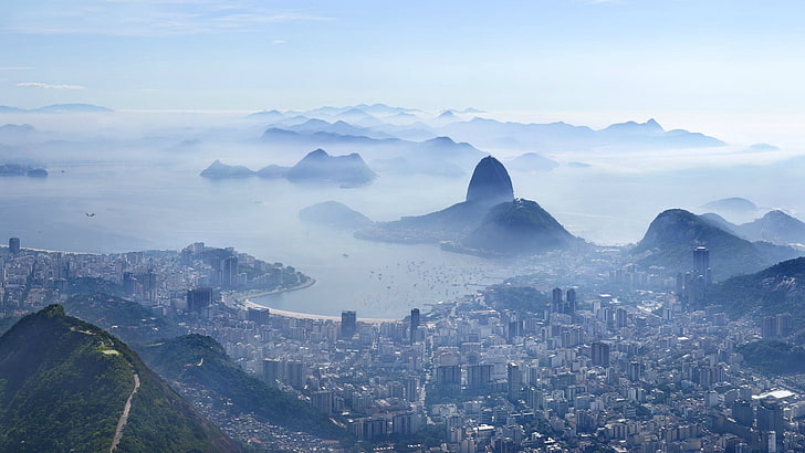 сива многоетажна сграда, Рио де Жанейро, изглед отгоре, панорама, мъгла, HD тапет