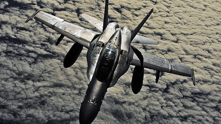 серый истребитель реактивный самолет, военный, война, самолет, FA-18 Hornet, облака, самолеты, военный самолет, транспортное средство, HD обои