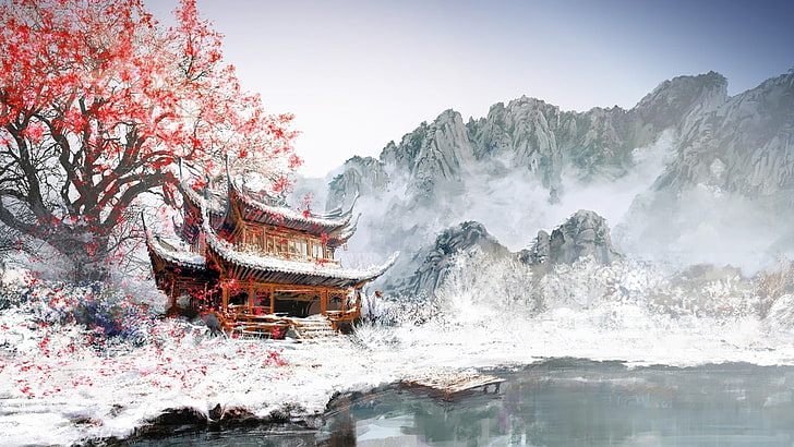 brown temple illustration, brown pagoda under red cherry blossom near body of water painting, painting, Japan, winter, white, snow, mountains, cherry blossom, fantasy art, HD wallpaper