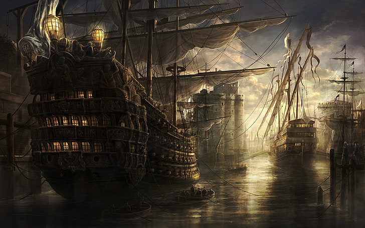 mar, barco viejo, arte de fantasía, obras de arte, barco, videojuegos, Empire: Total War, Fondo de pantalla HD